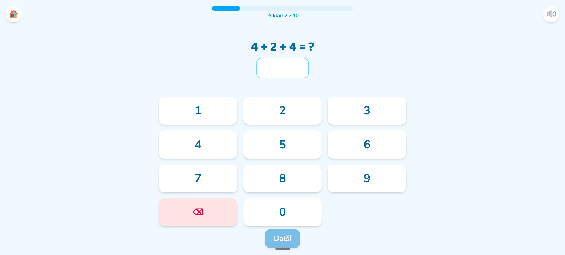 Procvičování příkladu 4 + 2 + 4 s vlastní číselnou klávesnicí a ukazatelem postupu.