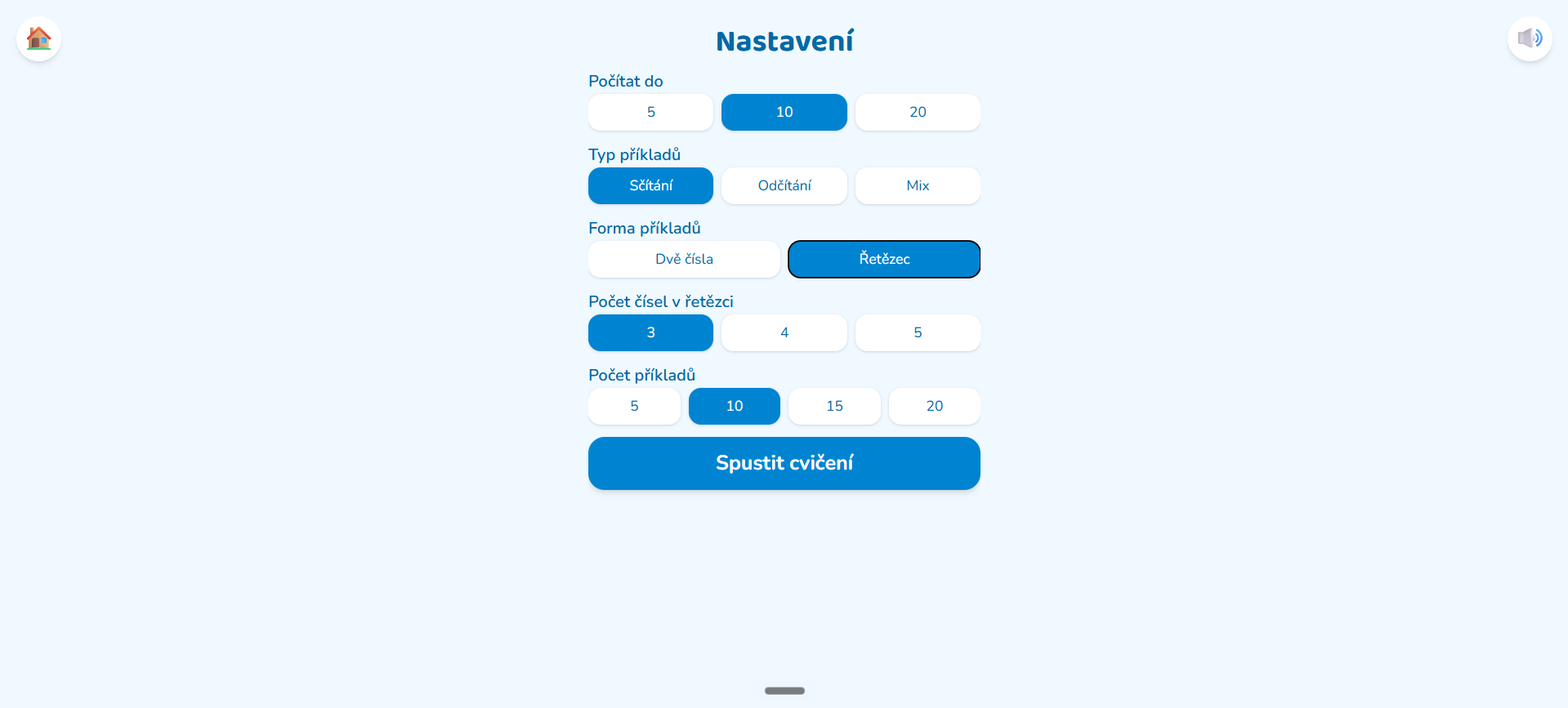 Nastavení řetězcových příkladů s volbou počtu čísel v řetězci (3, 4 nebo 5).
