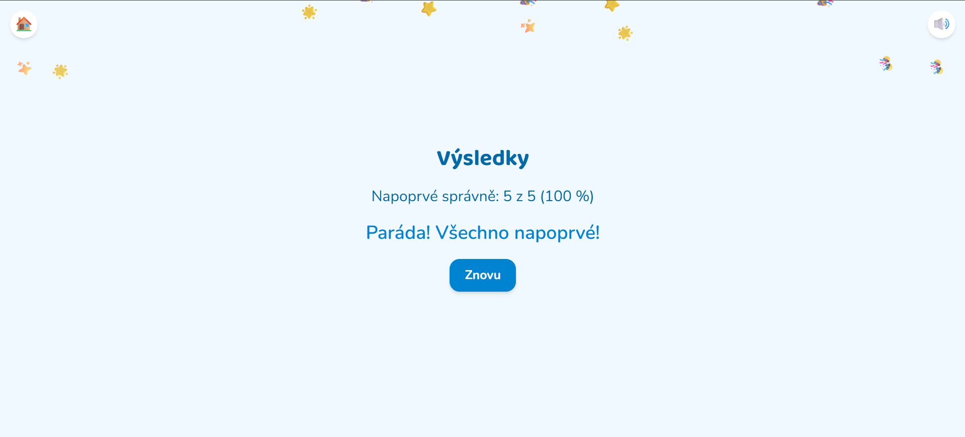 Závěrečná obrazovka s výsledkem 5 z 5 (100 %) a povzbuzením pro dítě.